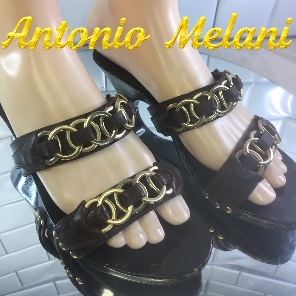 Antonio Melani Brown Strappy Wedge Heel Sandal Shoes With Gold Chains Womens 7.5